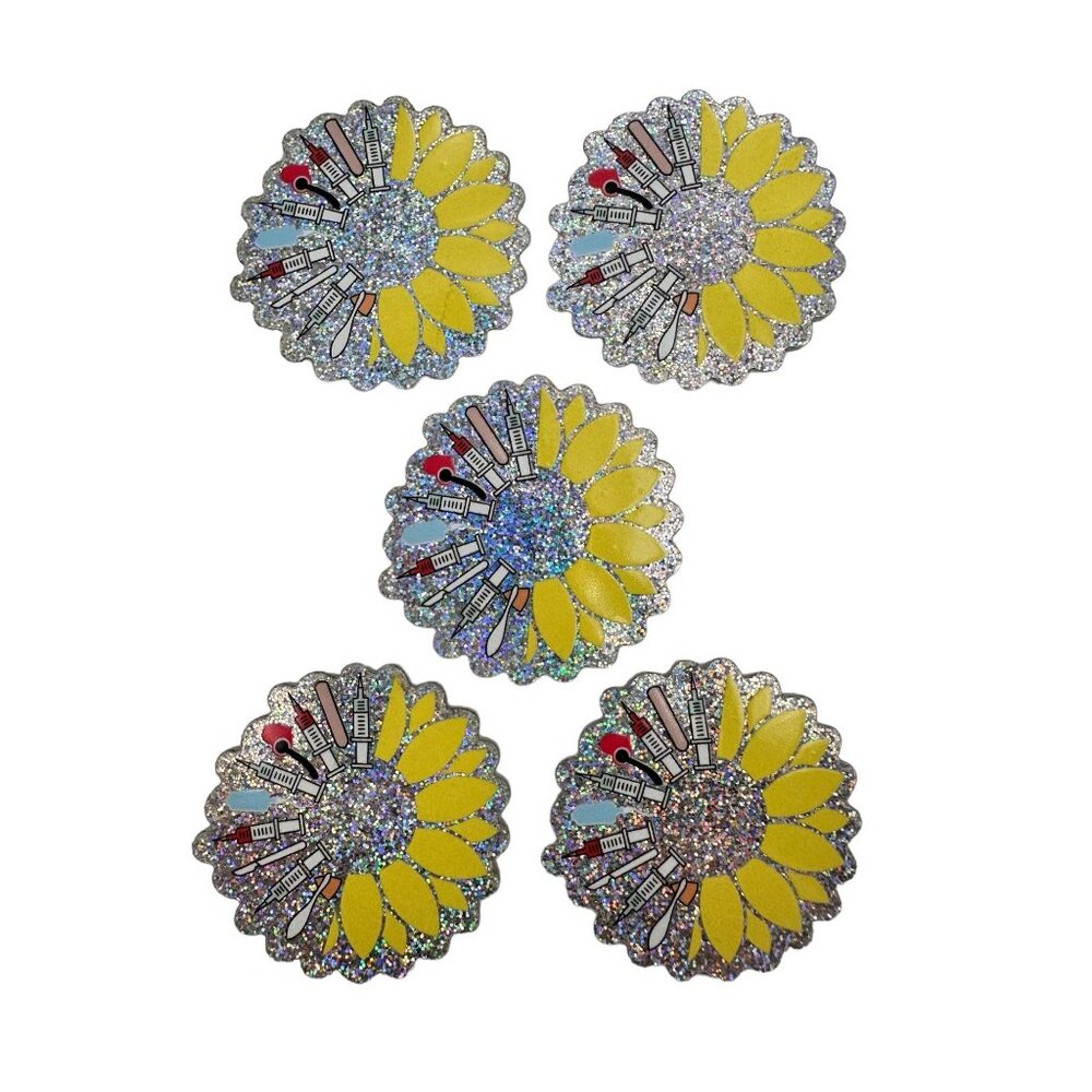 10 pc glitter RN Nurse sunflower acrylic flat back charm for badge reels keyring